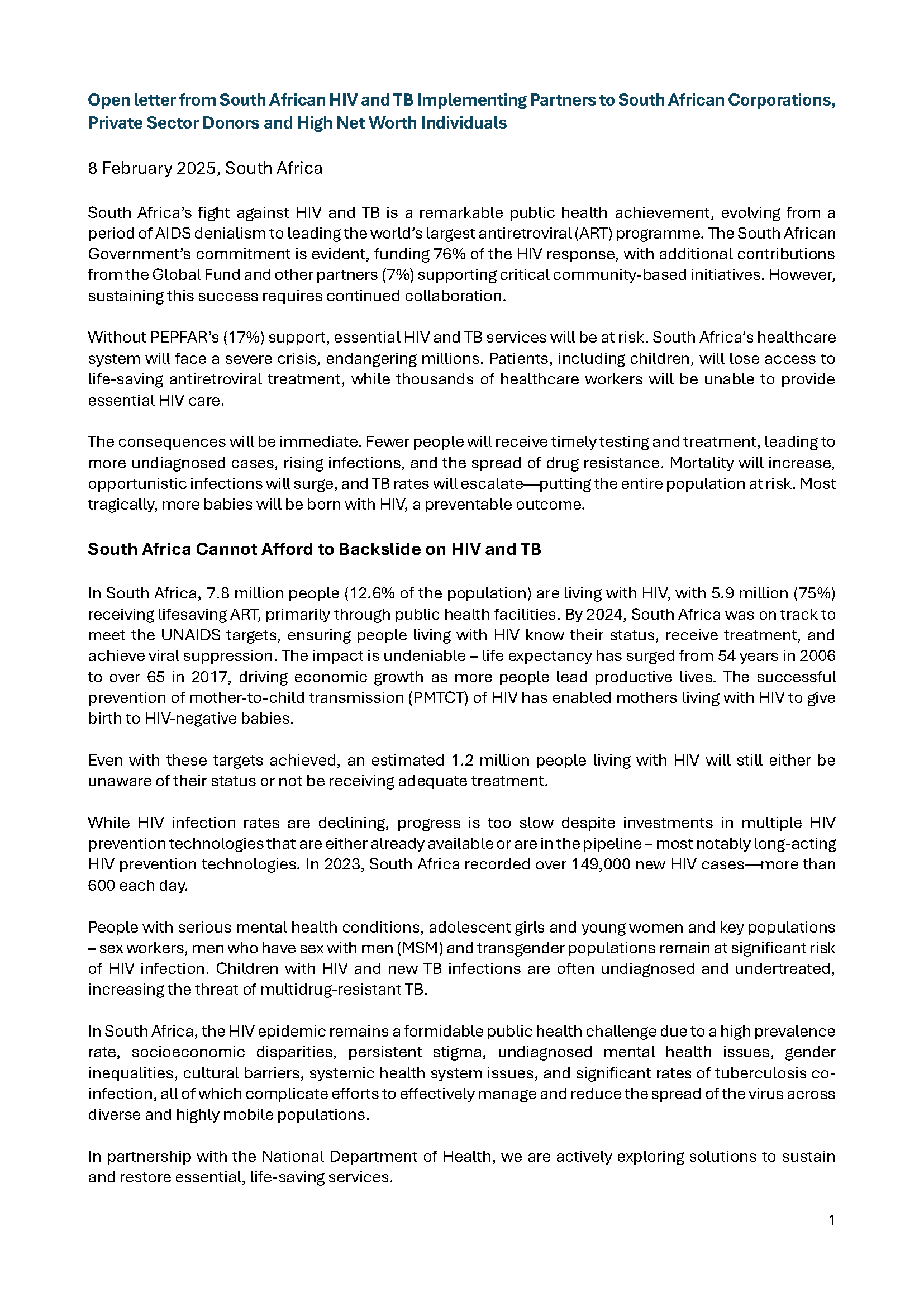 Open letter from South African HIV and TB implementing partners to South African corporations, private sector donors and high net worth individuals