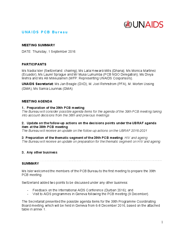 Aanzetten begaan vuurwerk Summary of the PCB Bureau meeting of 1 September 2016 | UNAIDS