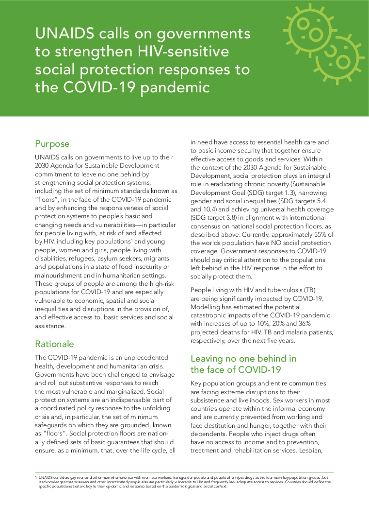 UNAIDS calls on governments to strengthen HIV-sensitive social protection  responses to the COVID-19 pandemic | UNAIDS