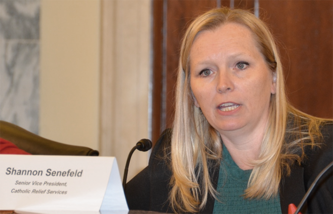 Shannon Senefeld, Senior Vice President of Catholic Relief Services (CRS), addressing the World AIDS Day Congressional Commemoration and Ministerial Roundtable