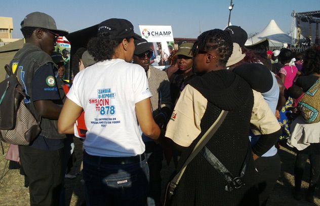 Youth at the trade show’s Band Stand arena got to hear good music and information on reproductive health and HIV.  UNICEF registered more than 2200 new members to its Zambia U-Report SMS platform.