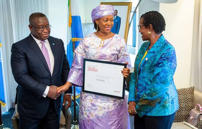 Winnie Byanyima, Executive Director of UNAIDS, in a bilateral meeting with Julius Maada Bio, President of Sierra Leone, and Fatima Maada Bio, First Lady of Sierra Leone, held at Millenium Hilton Hotel, on September 19, 2023, during the 78th UN General Ass