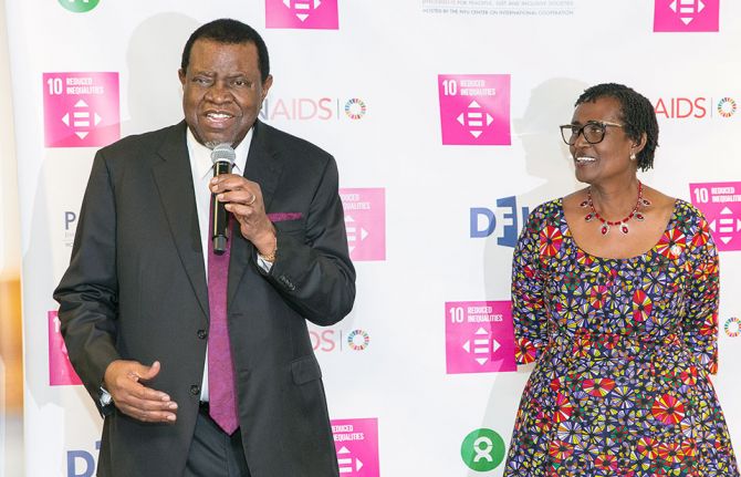 Hage Geingob and UNAIDS Executive Director Winnie Byanyima during the 78th UN General Assembly in New York, September 2023. Credit: UNAIDS