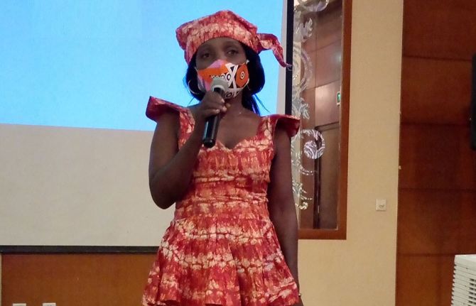 Alida Nguimale speaking during national gender and HIV workshop.JPG