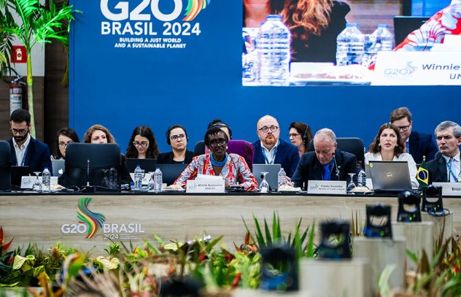 Winnie Byanyima delivers remarks at the G20 Health Working Group, Salvador, Brazil, 6 June 2024.  Credit: Health Ministry/Brazil   