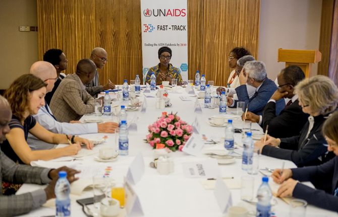 Winnie Byanyima, UNAIDS Executive Director meets with heads and representatives of various UN agencies in Uganda on January 6, 2020.