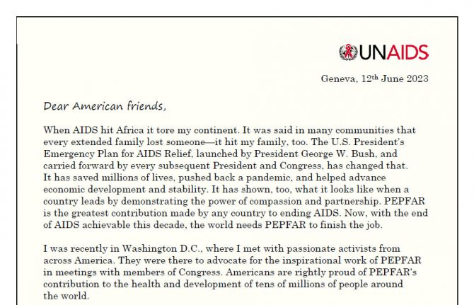 To mark the 20th Anniversary year of PEPFAR, UNAIDS Executive Director has written a letter to the American people. 