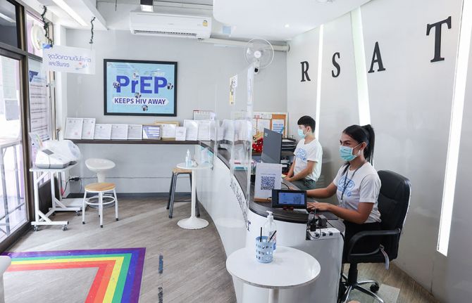 Front desk at the Rainbow Sky Association of Thailand (RSAT). RSAT offers sexual healthcare for men who have sex with men, migrants, people who use drugs, sex workers and transgender people.