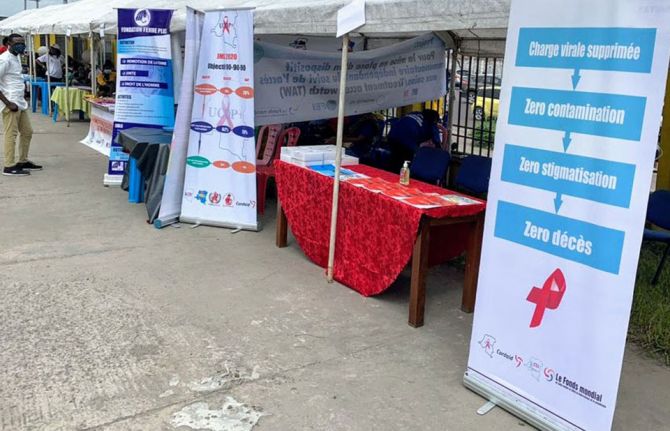 HIV-related information stands for World AIDS Day in Kinshasa, Democratic Republic of Congo.